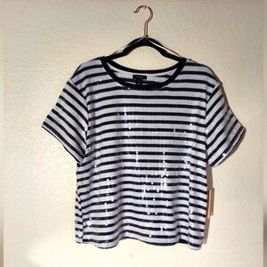 Halogen Black & White Striped Sequin Embellished Boatneck Top Women's Size 1 NWT
